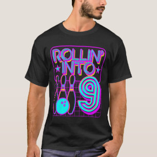 Kids Rollin Into 9 Bowling Retro Bowler 9th Birthd T-Shirt