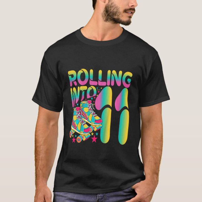 Kids Rolling Into 11 Happy 11th Birthday Roller Sk T-Shirt (Front)