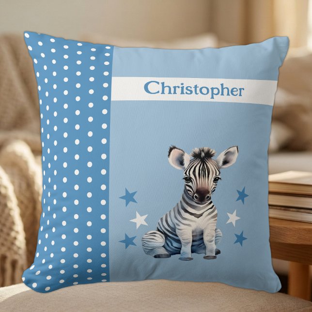 Kid's room add name cute zebra blue cushion (Creator Uploaded)