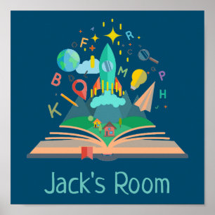 Kid's Room name poster with rocket ship