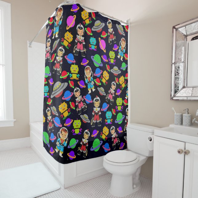 Kids Room Retro Robots and Astronauts  Shower Curtain (In Situ)