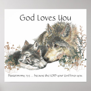 Kids Room Scripture, God Loves You Wolf Family Poster