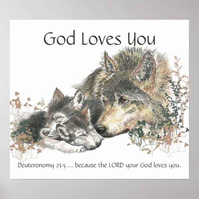 Kids Room Scripture, God Loves You Wolf Family Poster (Front)