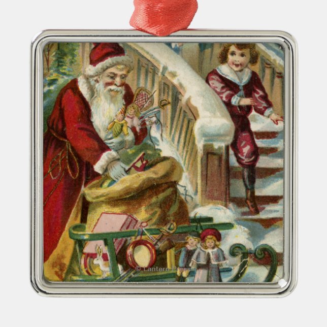 Kids Running to Greet Santa Metal Tree Decoration (Front)