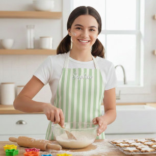 Kids' Sage Green Stripe Custom Name Apron