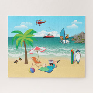 Kids Sailing, Mum Sun Tanning - Fun Beach Vacation Jigsaw Puzzle