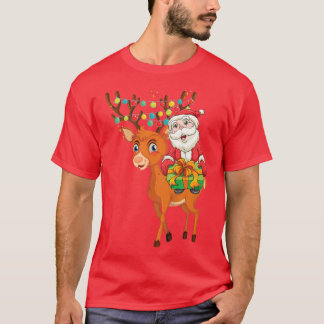 Kids Santa Riding Reindeer Christmas Cute XMas Boy T-Shirt