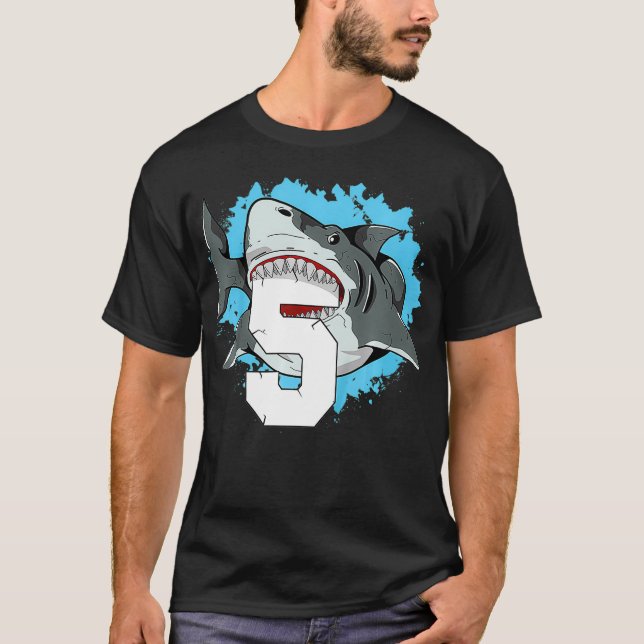 Kids Shark 5th Birthday Boy 5 Five Shark Theme Par T-Shirt (Front)