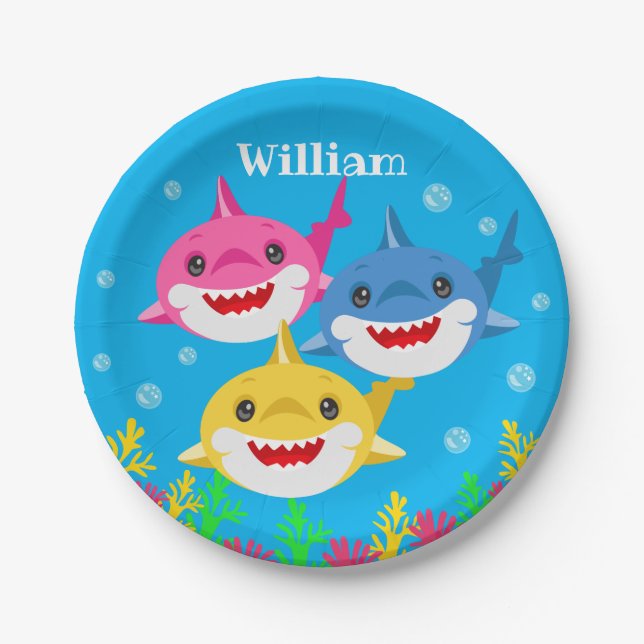 Kids Shark & Family Personalised Birthday Paper Plate (Front)