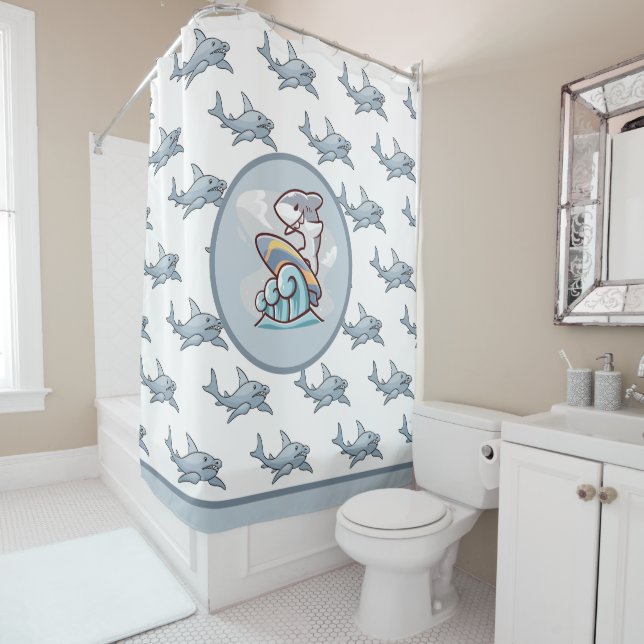 Kids Shark Surfer Shower Curtain (In Situ)