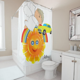 Kids Shower Curtain Angel Car Rainbow Sun