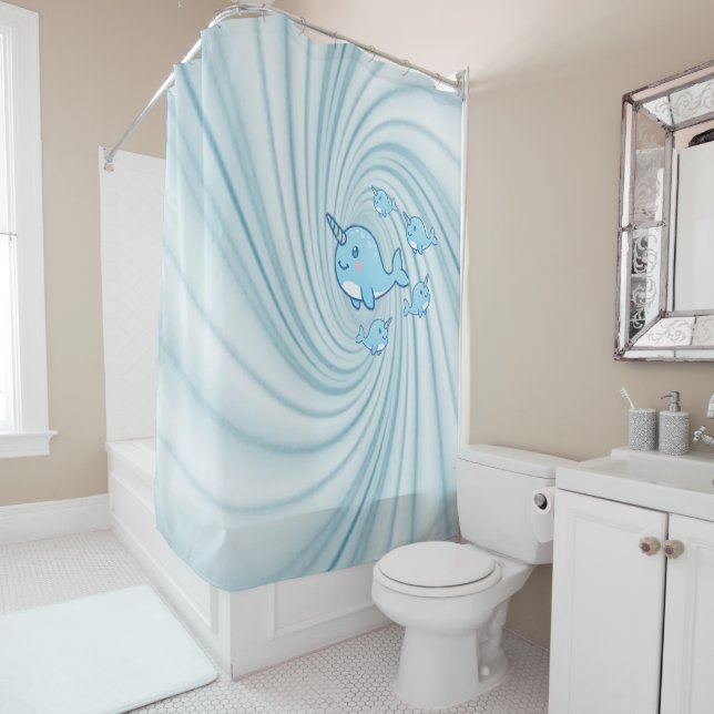 Kids Shower Curtain Blue Narwhal (In Situ)