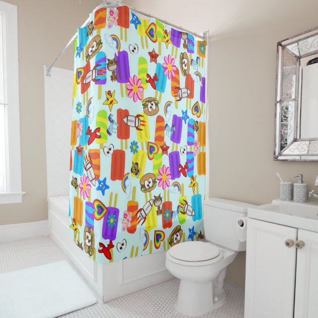 Kids Shower Curtain Ice Cream Hamburgers Spaceship (In Situ)
