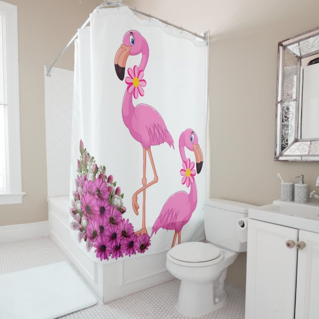 Kids Shower Curtain Pink Flamingo Floral (In Situ)