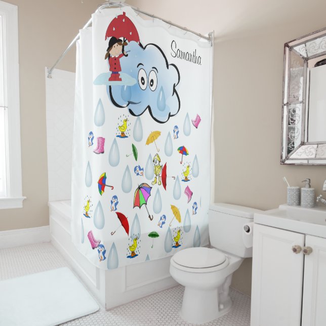 Kids Shower Curtain Rain Umbrellas Clouds (In Situ)