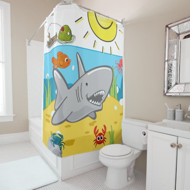 Kids Shower Curtain Shark Crab Fisherman Sun (In Situ)