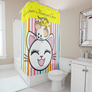 Kids Shower Curtain Stripe Cat Mouse Cheese