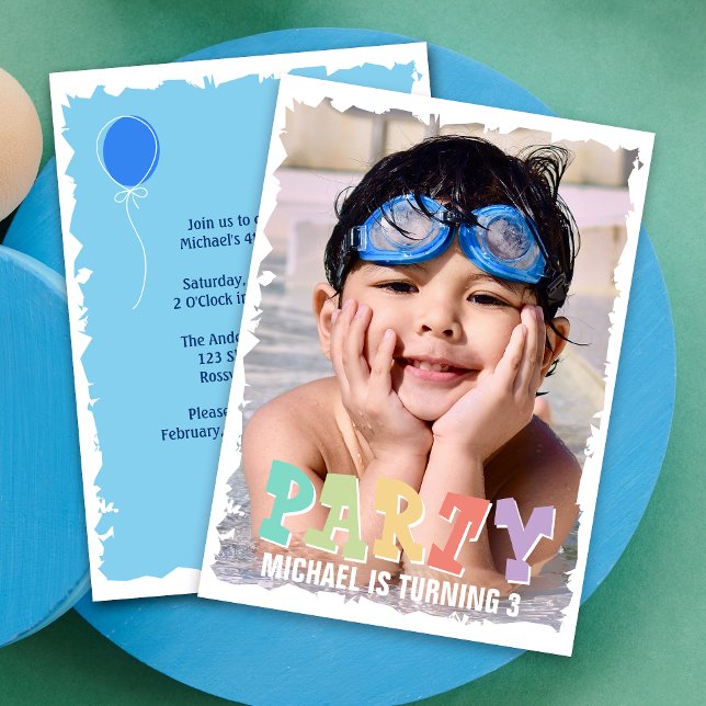 Kid's Simple Cute Photo Blue Birthday Party Invitation (Make your little one's birthday extra special with adorable invitations featuring their cute photo.)
