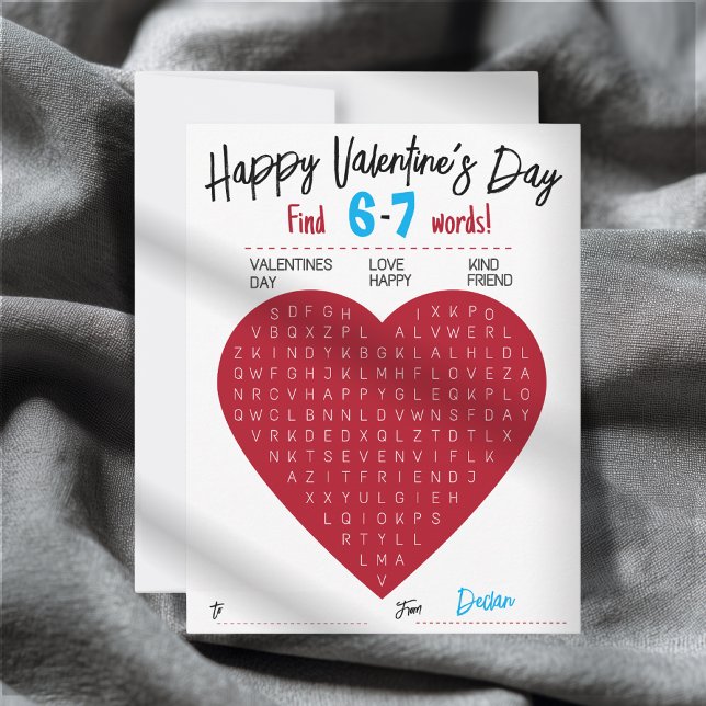 Kids Six Seven Valentine Word Search Heart Class Card (Heart Word Search Valentine’s Day Card Editable Name Perfect for Students & Teachers)