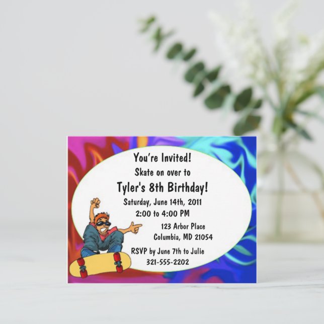 Kids Skateboard Birthday Party Invitation (Standing Front)