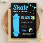 Kids Skateboard Birthday Party Invitation<br><div class="desc">Amaze your guests with this cool skateboard theme birthday party invitation featuring a beautiful blue skateboard with modern typography against a chalkboard background. Simply add your event details on this easy-to-use template to make it a one-of-a-kind invitation. Flip the card over to reveal an elegant stripes pattern on the back...</div>