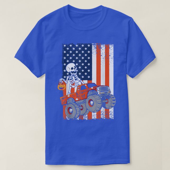 Kids Skeleton Monster Truck USA Flag Toddler Boys T-Shirt (Design Front)