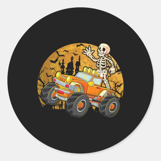 Kids Skeleton Riding Monster Truck Halloween Costu Classic Round Sticker (Front)