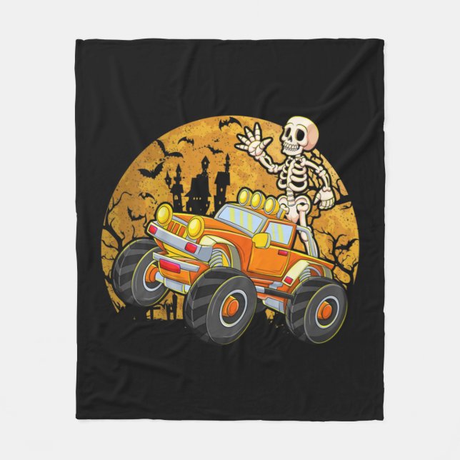 Kids Skeleton Riding Monster Truck Halloween Costu Fleece Blanket (Front)