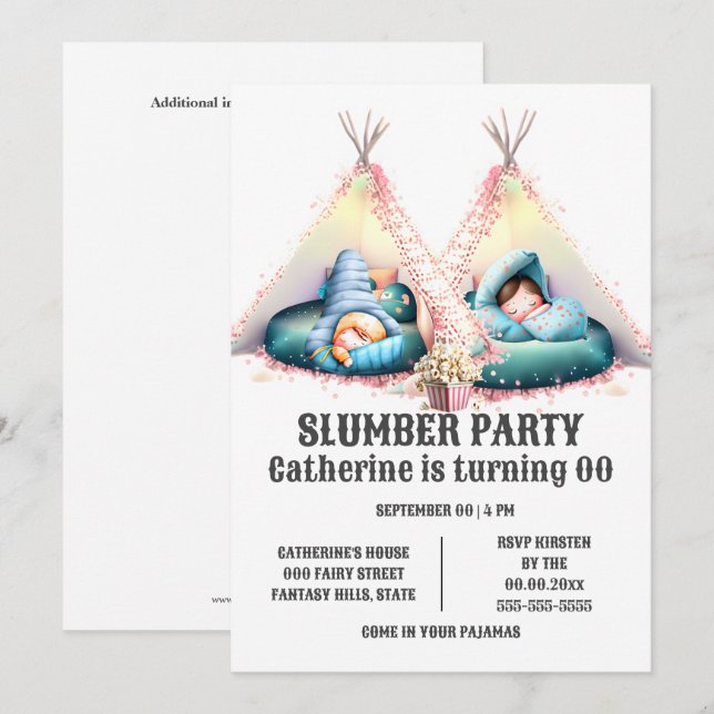 Kids sleeping teepee glamping sleepover slumber invitation (Front/Back)