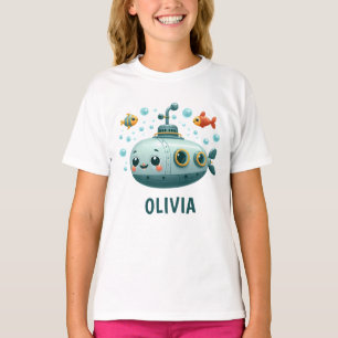 Kids Smiling Cute Submarine with Fish and Bubbles T-Shirt