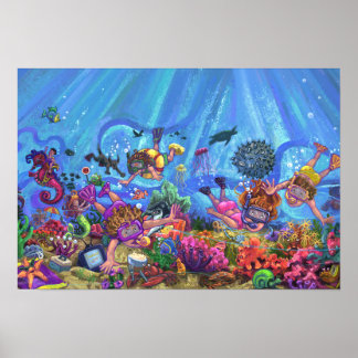 Kids Snorkeling Under the Sea Art Poster