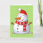 Kids Snowman Christmas Tree Snow for Grandparents Holiday Card<br><div class="desc">A cute Christmas card for kids to send to grandmother and grandfather. Features a cute cartoon snowman with a button eyes, carrot nose, santa hat and red striped scarf, and stick arms. White Christmas tree snowflakes fall on a green background. Just personalise and add your greeting inside. Change words to...</div>