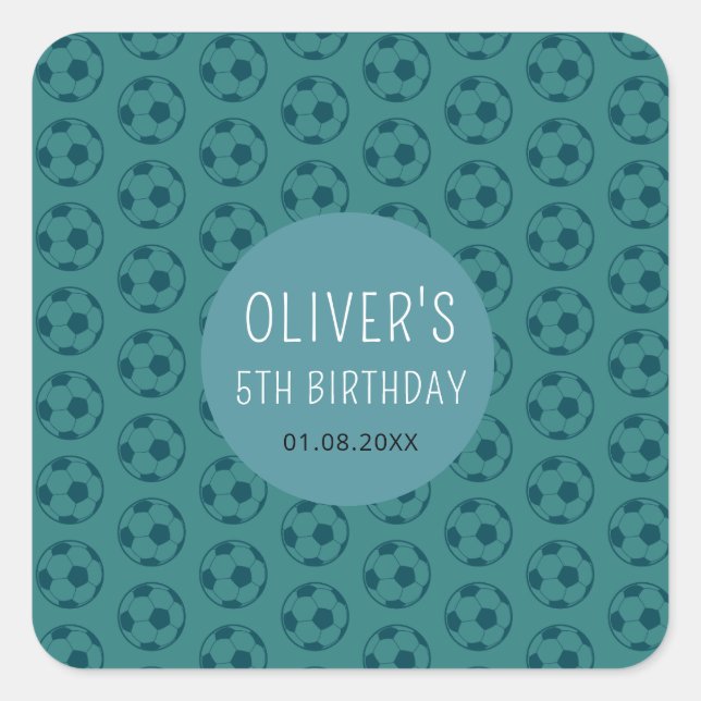 Kids Soccer Ball Blue Boys Birthday Party Square Sticker (Front)