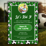 Kids Soccer Ball Pattern and Photo Birthday Party Invitation<br><div class="desc">This fun kids soccer-themed birthday party invitation has soccer balls on a green field striped background. Add your event details, like location, time, date, and RSVP contact information, as well as a photo for a personalised touch! The athletic gear design makes a cute custom addition to a birthday party, especially...</div>