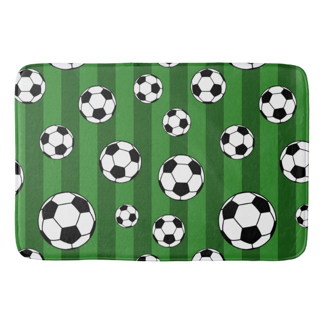 Kids Soccer Ball Pattern on Green Stripes Bathroom Bath Mat (Front)