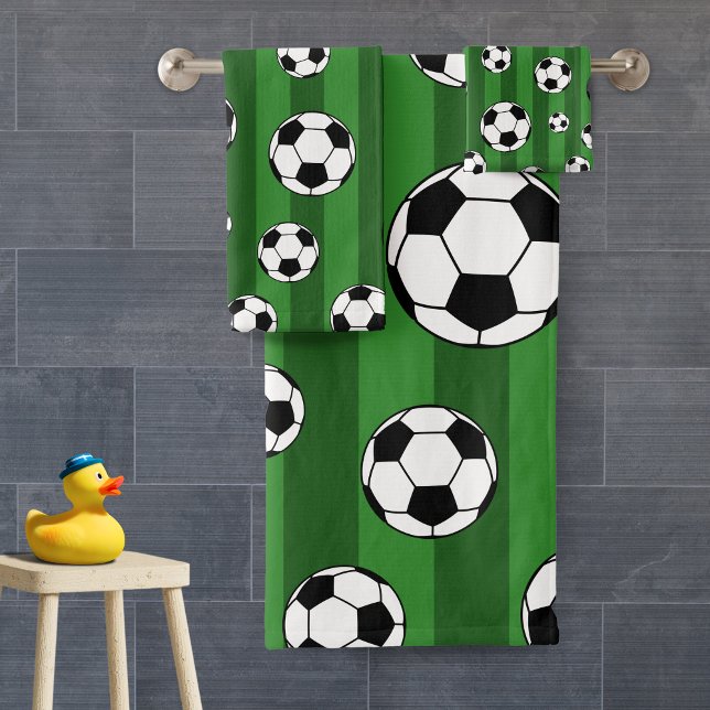 Kids Soccer Ball Pattern on Green Stripes Bathroom Bath Towel Set (Creator Uploaded)