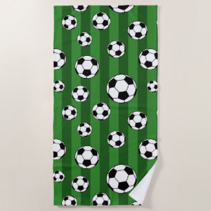 Kids Soccer Ball Pattern on Green Stripes Beach Towel