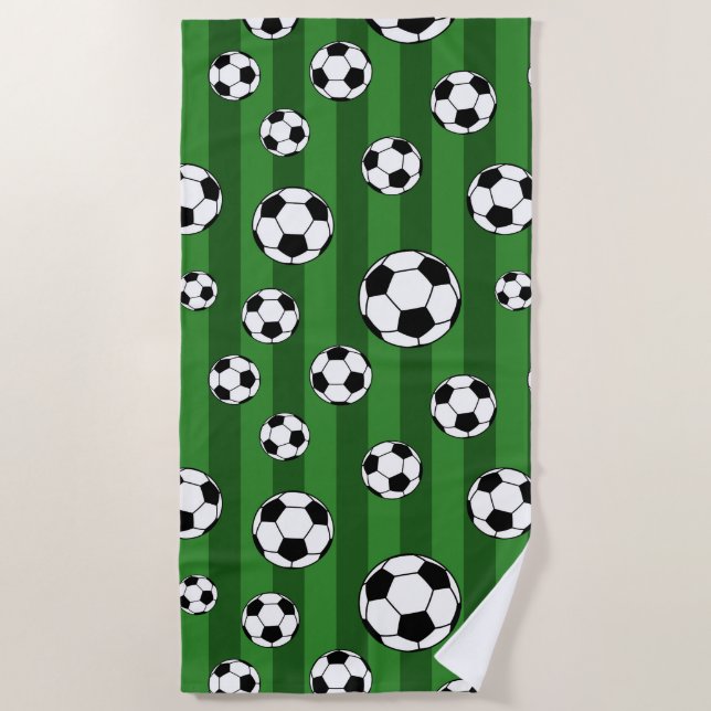 Kids Soccer Ball Pattern on Green Stripes Beach Towel (Front)