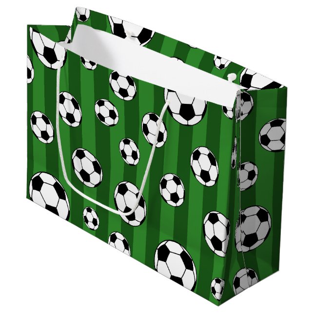 Kids Soccer Ball Pattern on Green Stripes Birthday Large Gift Bag (Front Angled)