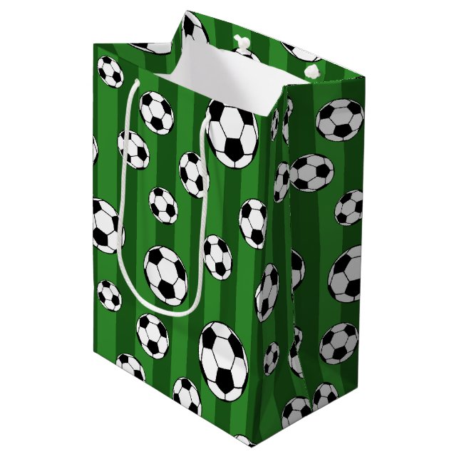 Kids Soccer Ball Pattern on Green Stripes Birthday Medium Gift Bag (Front Angled)