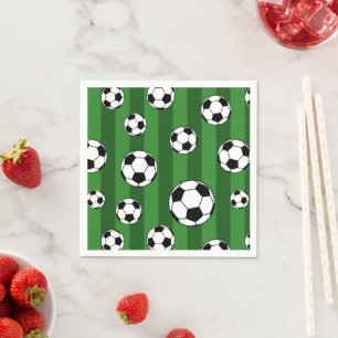 Kids Soccer Ball Pattern on Green Stripes Birthday Napkin