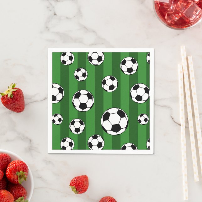 Kids Soccer Ball Pattern on Green Stripes Birthday Napkin (Insitu)