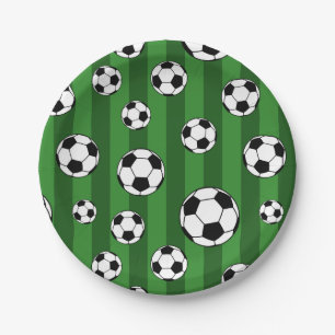 Kids Soccer Ball Pattern on Green Stripes Birthday Paper Plate
