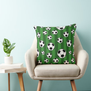 Kids Soccer Ball Pattern on Green Stripes Cushion