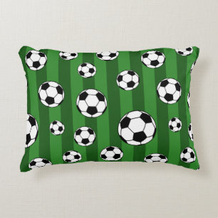 Kids Soccer Ball Pattern on Green Stripes Decorative Cushion