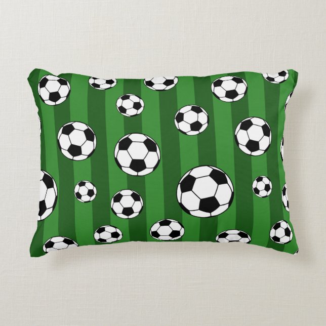 Kids Soccer Ball Pattern on Green Stripes Decorative Cushion (Front)