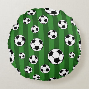 Kids Soccer Ball Pattern on Green Stripes Round Cushion
