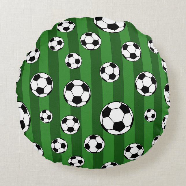 Kids Soccer Ball Pattern on Green Stripes Round Cushion (Front)