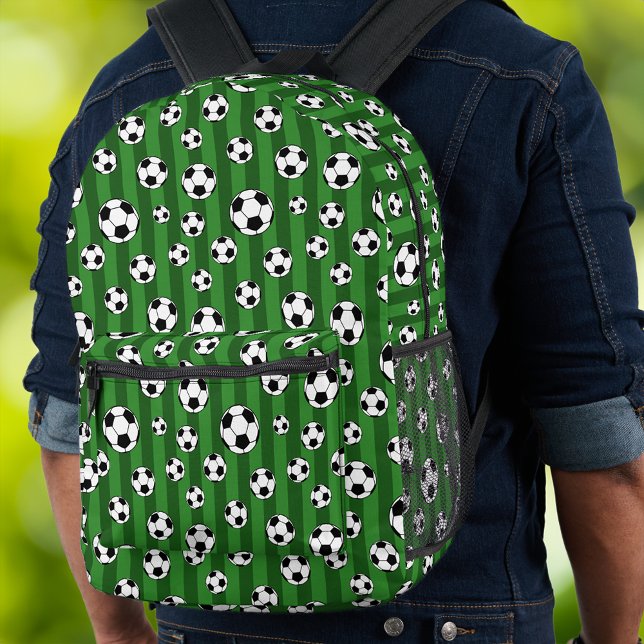 Kids Soccer Ball Pattern on Green Stripes School Printed Backpack (Creator Uploaded)