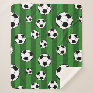 Kids Soccer Ball Pattern on Green Stripes Sherpa Blanket